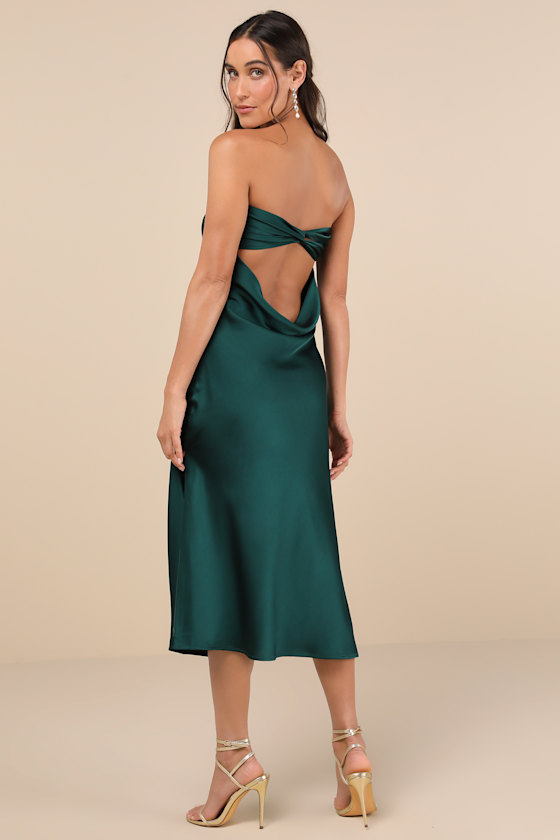 Image of Effortless Bliss Emerald Satin Strapless Cowl Back Midi Dress