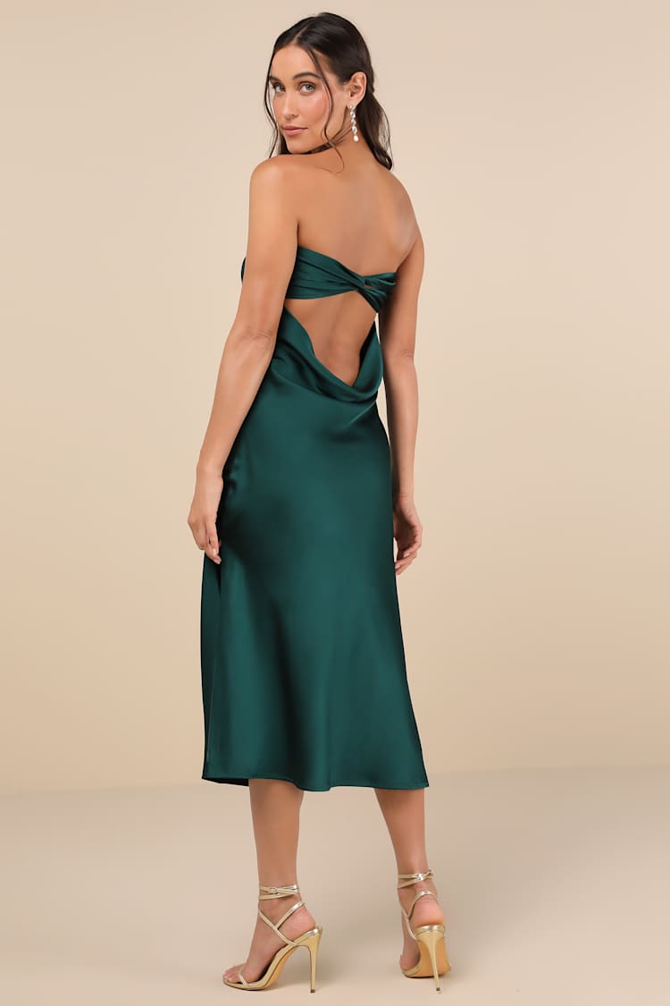 Emerald Satin Slip Dress - Strapless Midi Dress - Cowl Back Dress - Lulus
