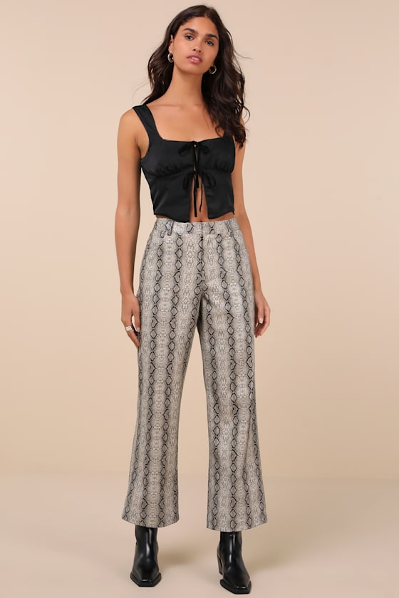 LULUS WILDLY CAPTIVATING GREY SNAKE PRINT VEGAN LEATHER PANTS