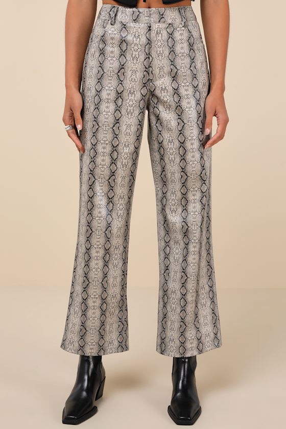 LULUS WILDLY CAPTIVATING GREY SNAKE PRINT VEGAN LEATHER PANTS