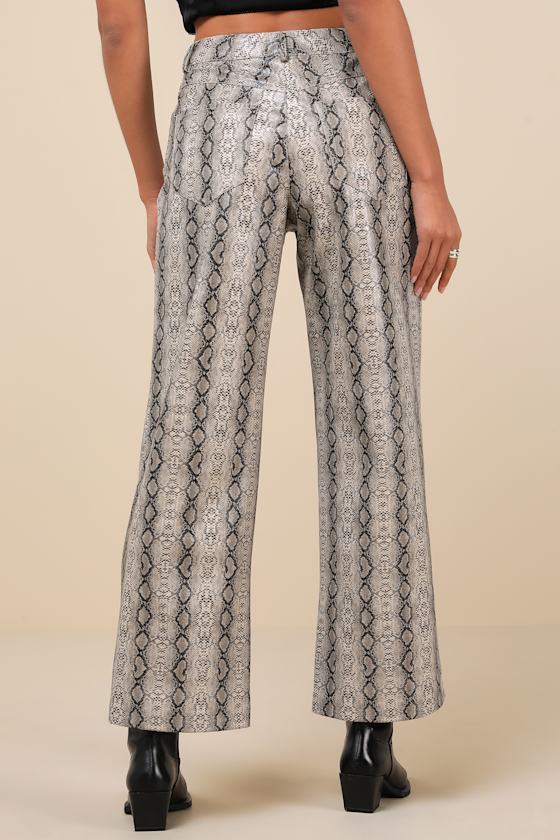 LULUS WILDLY CAPTIVATING GREY SNAKE PRINT VEGAN LEATHER PANTS