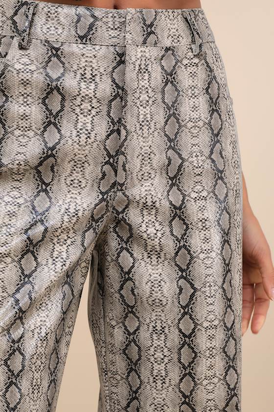 LULUS WILDLY CAPTIVATING GREY SNAKE PRINT VEGAN LEATHER PANTS
