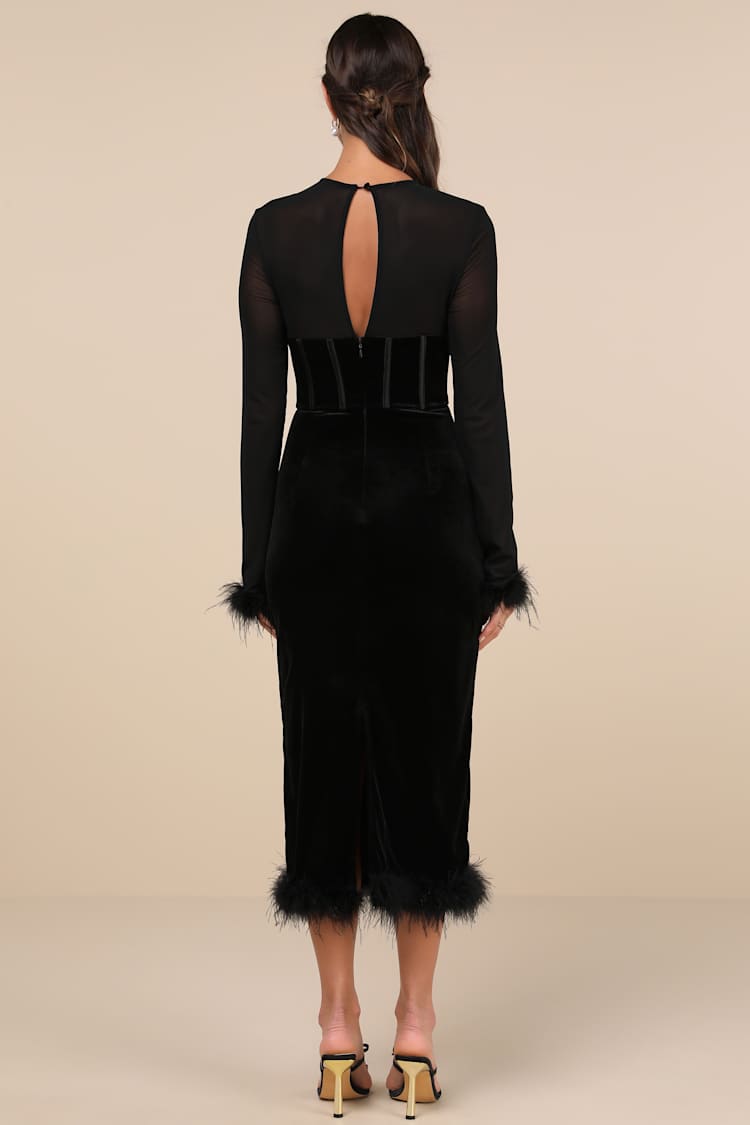 Sensational Situation Black Velvet Feather Bustier Midi Dress