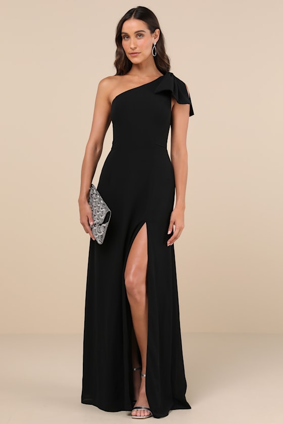 Lulus Simply Brilliant Black One-shoulder Bow Maxi Dress