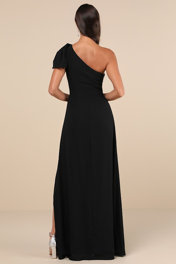 Lulus Simply Brilliant Black One-shoulder Bow Maxi Dress In Black