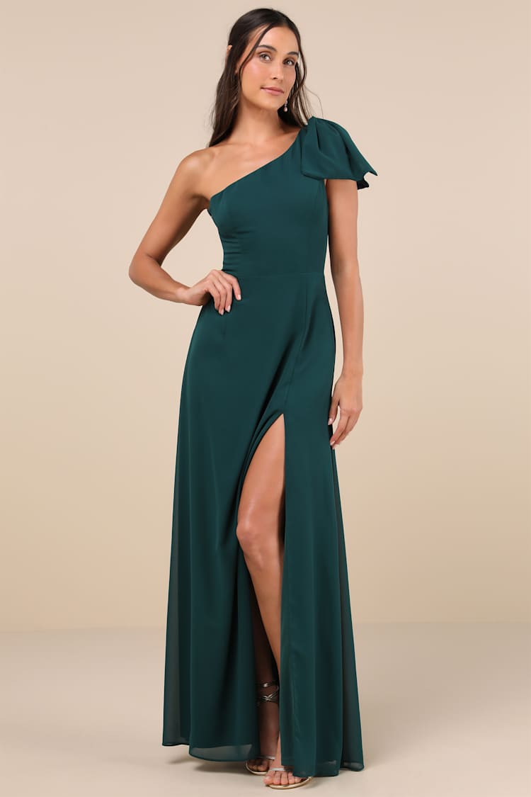 Emerald One-Shoulder Dress - Bow Maxi Dress - Sleeveless Dress - Lulus
