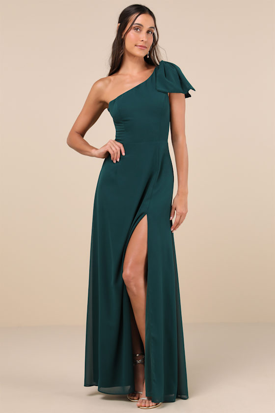 Simply Brilliant Emerald One-Shoulder Bow Maxi Dress 4