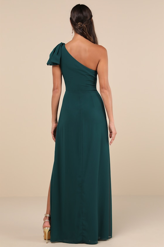 Lulus Simply Brilliant Emerald One-shoulder Bow Maxi Dress In Green
