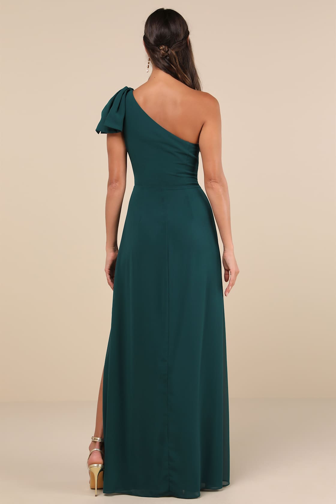 Simply Brilliant Emerald One-Shoulder Bow Maxi Dress