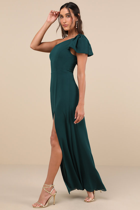 Lulus Simply Brilliant Emerald One-shoulder Bow Maxi Dress In Green