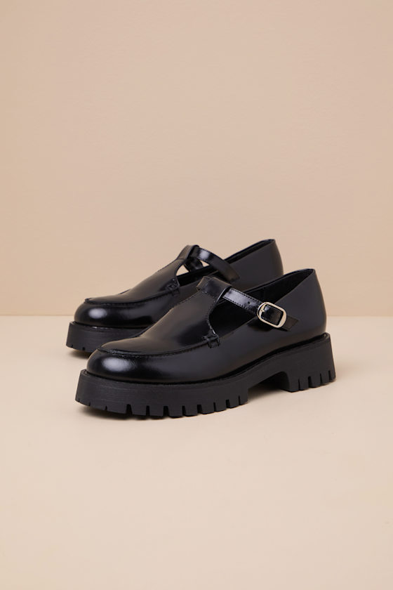 Steve Madden Leona Black Leather T-strap Loafers