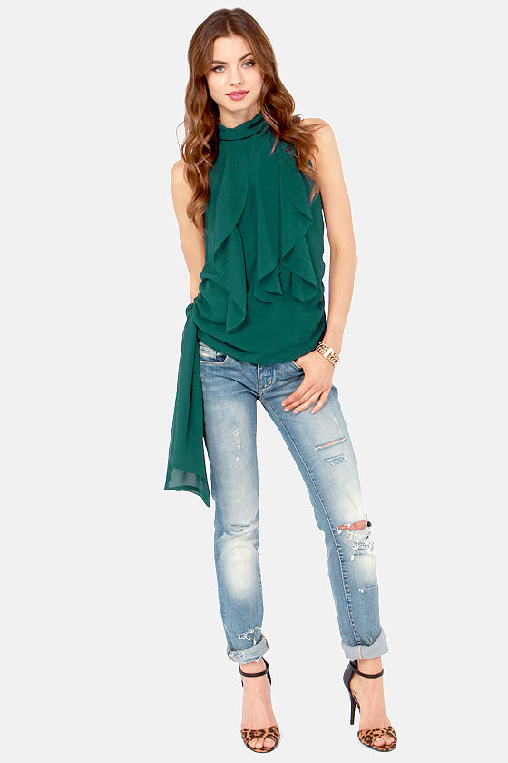 Cute Hunter Green Top Sleeveless Top Ruffle Top 38.00
