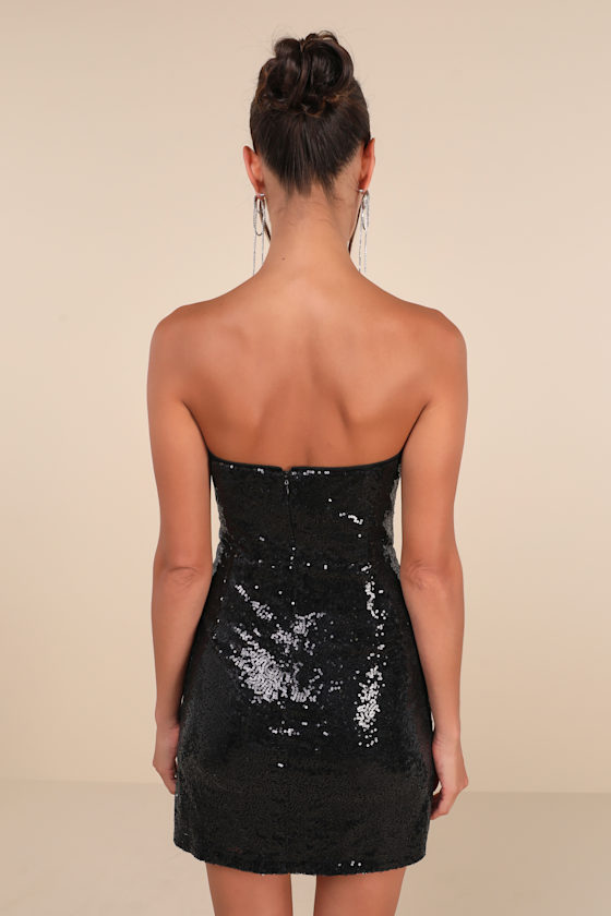 Lulus Unstoppable Glow Black Sequin Strapless Mini Dress In Black