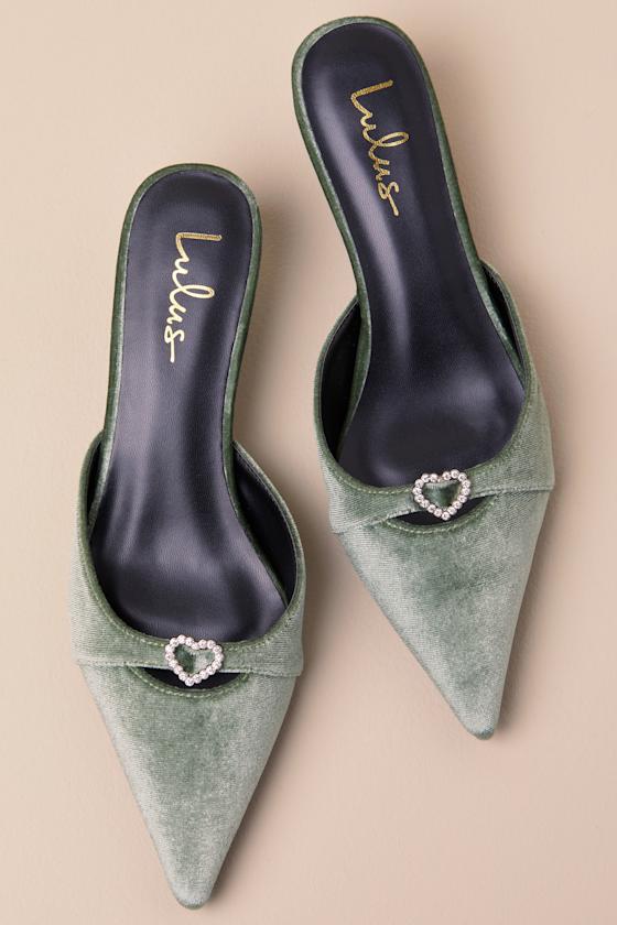 Lulus Ambersen Sage Velvet Pointed-toe Kitten Heel Pumps In Green