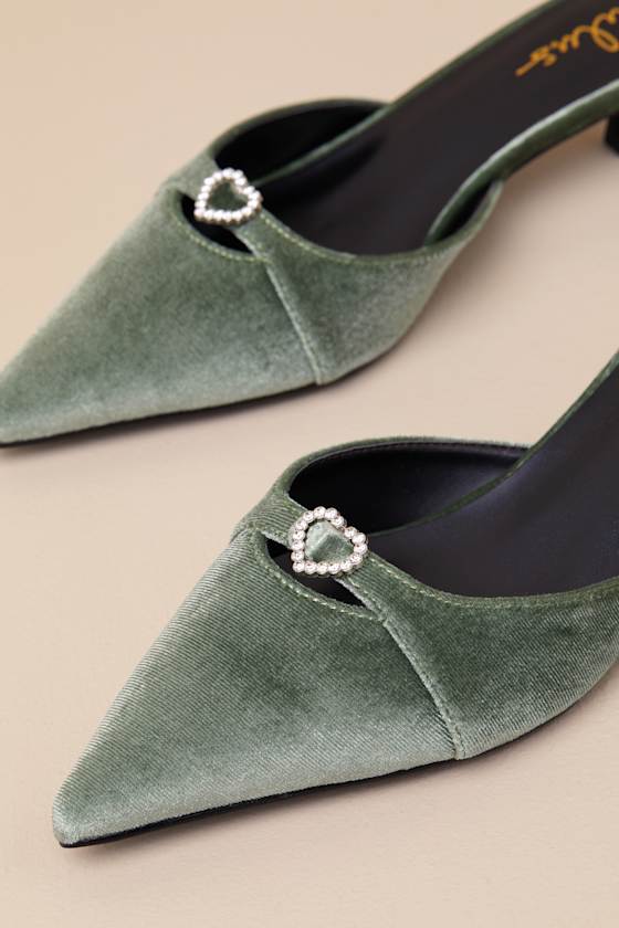 Lulus Ambersen Sage Velvet Pointed-toe Kitten Heel Pumps In Green
