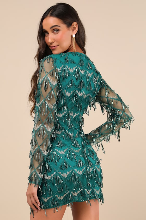 Lulus Playful Composure Green Fringe Sequin Mini Dress In Green