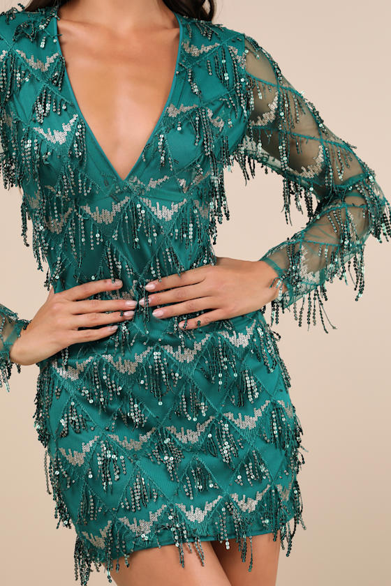 Lulus Playful Composure Green Fringe Sequin Mini Dress In Green