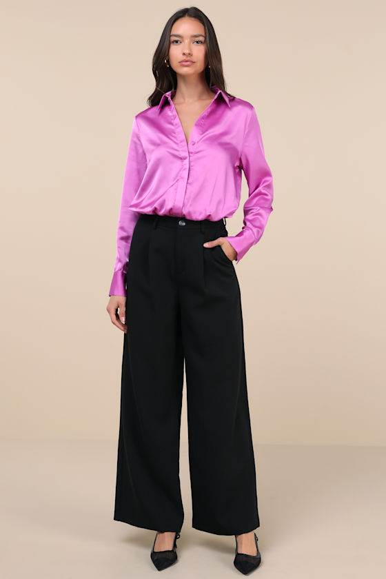 LULUS LUXE STANCE BRIGHT PURPLE SATIN BUTTON-UP BODYSUIT