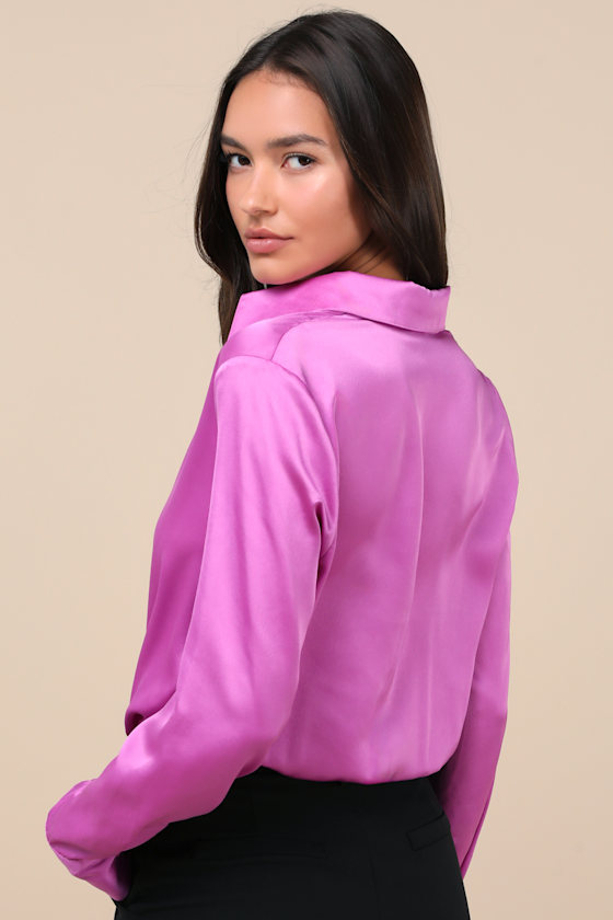 LULUS LUXE STANCE BRIGHT PURPLE SATIN BUTTON-UP BODYSUIT