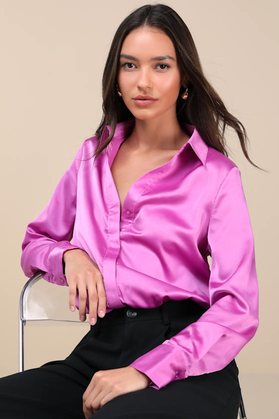 LULUS LUXE STANCE BRIGHT PURPLE SATIN BUTTON-UP BODYSUIT