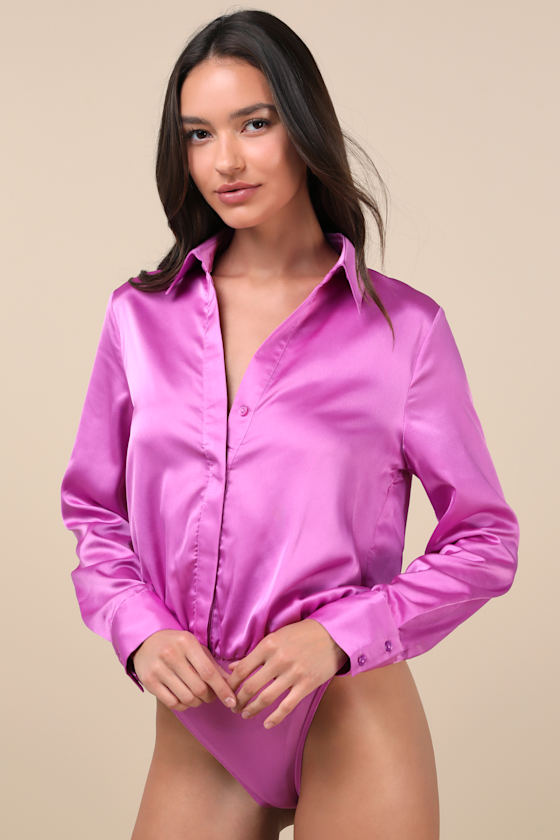 LULUS LUXE STANCE BRIGHT PURPLE SATIN BUTTON-UP BODYSUIT