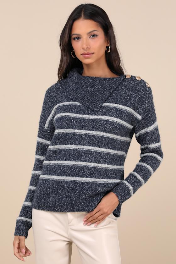 Cozy Warmth Navy Blue Marled Striped Sweater 1
