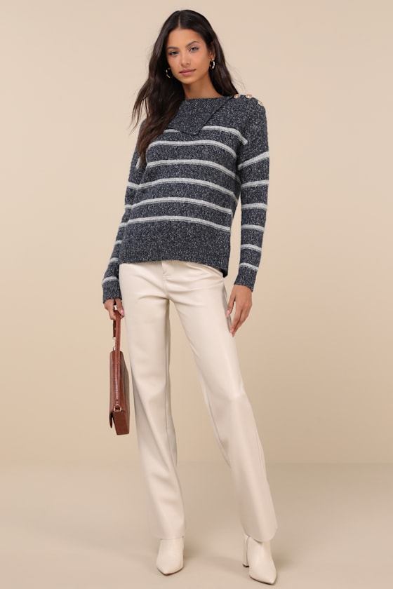 Lulus Cozy Warmth Navy Blue Marled Striped Sweater In Navy Blue