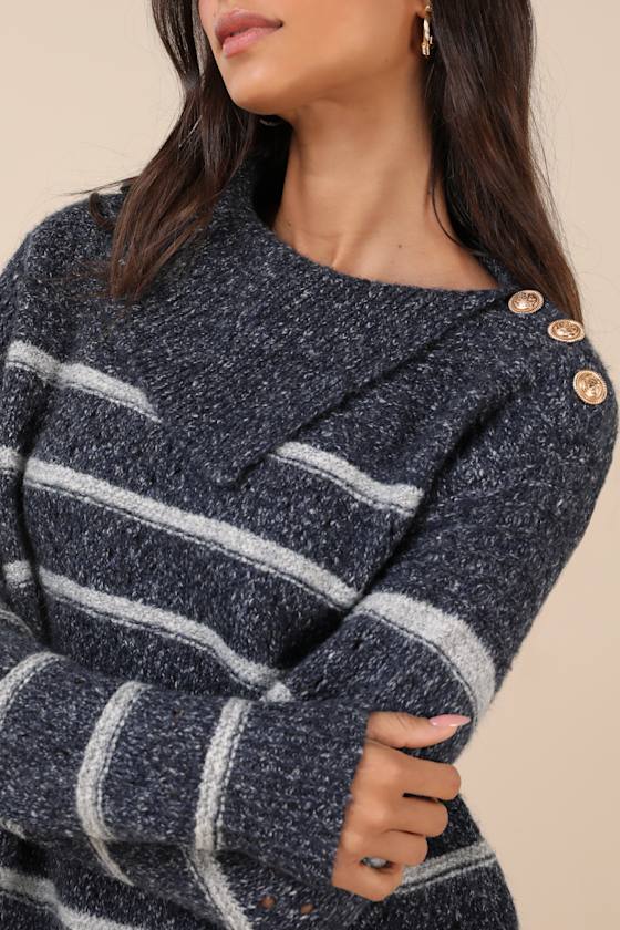 Lulus Cozy Warmth Navy Blue Marled Striped Sweater In Navy Blue