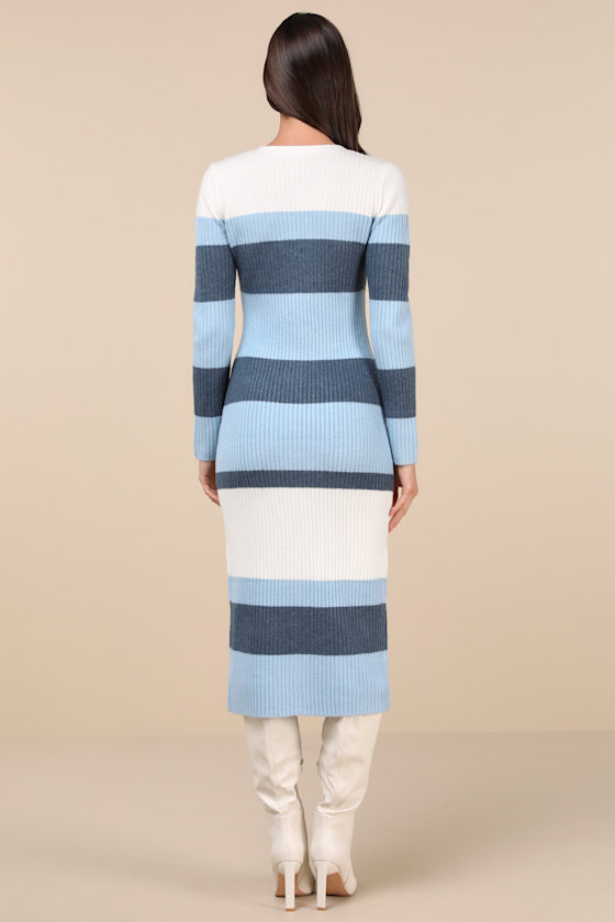 Lulus Comfy Darling Blue Striped Button-up Midi Sweater Dress In Blue