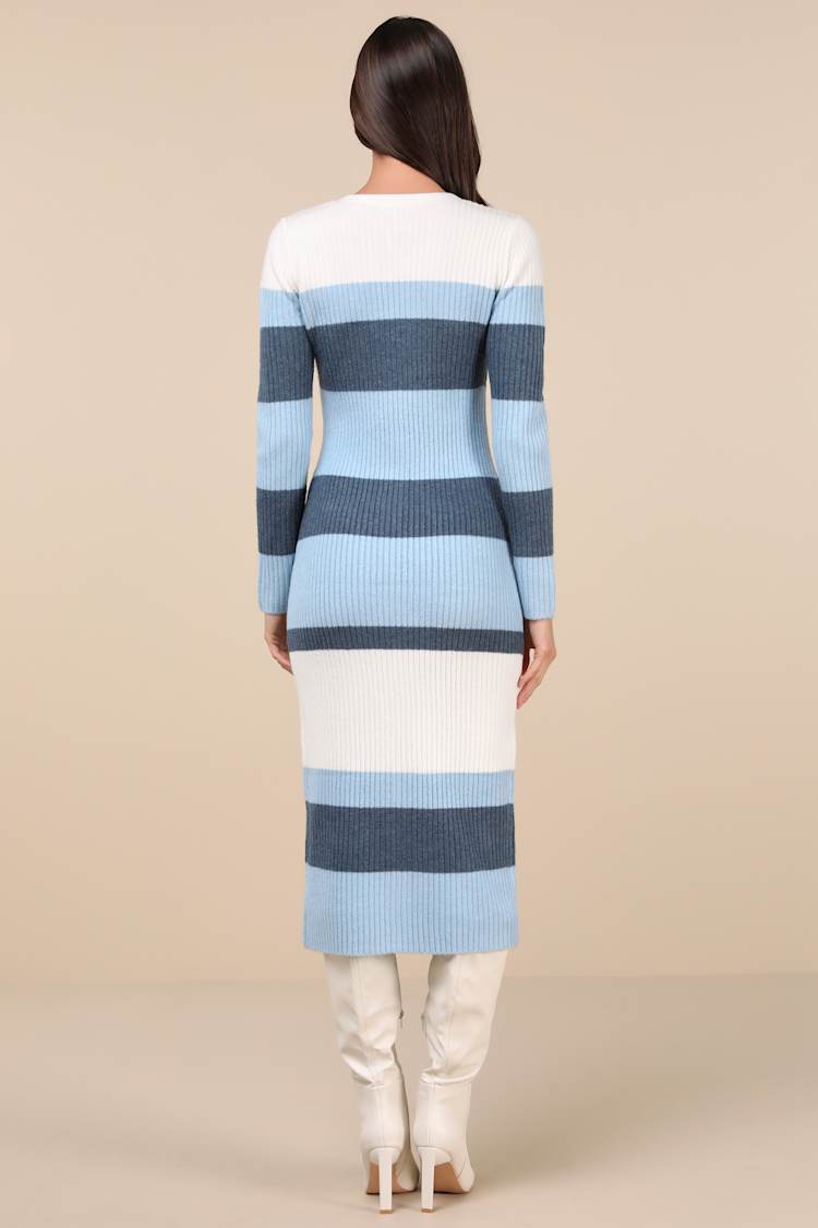 Comfy Darling Blue Striped Button-Up Midi Sweater Dress