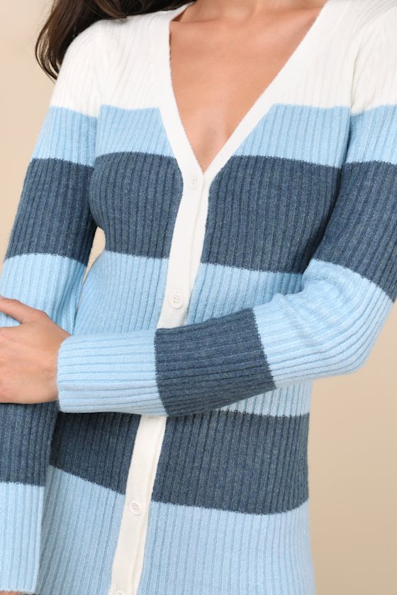 Lulus Comfy Darling Blue Striped Button-up Midi Sweater Dress In Blue