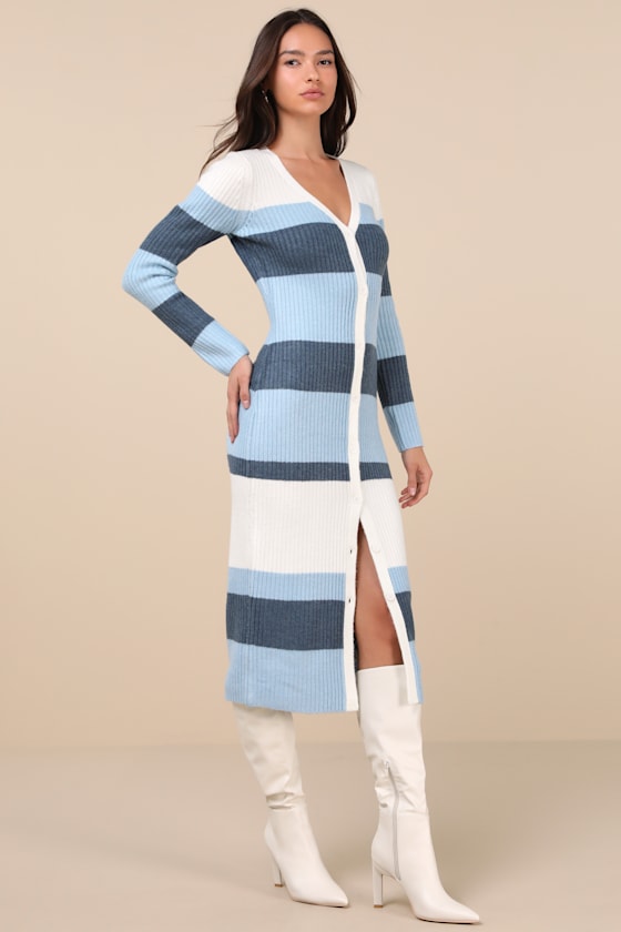 Lulus Comfy Darling Blue Striped Button-up Midi Sweater Dress In Blue