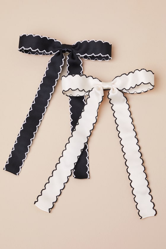 Sweet Credentials Black and Ivory Scalloped Bow Hair Clip Set 1