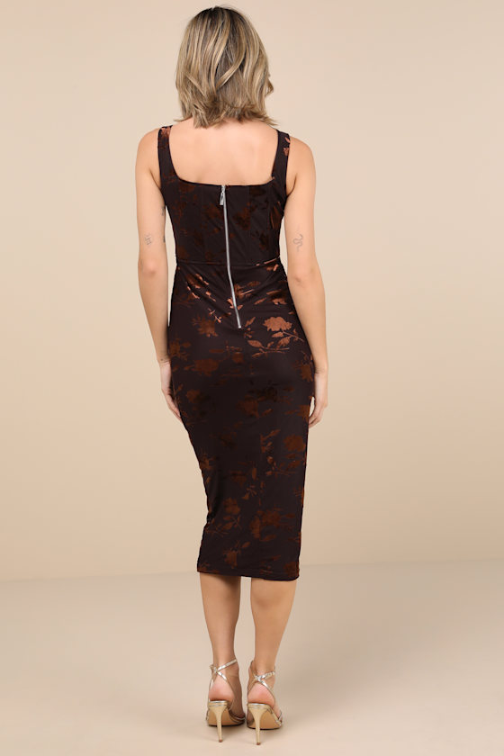 Rare London Hayfa Dark Brown Mesh Velvet Bustier Midi Dress In Brown