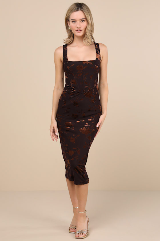 Rare London - Dark Brown Mesh Velvet Dress - Bustier Midi