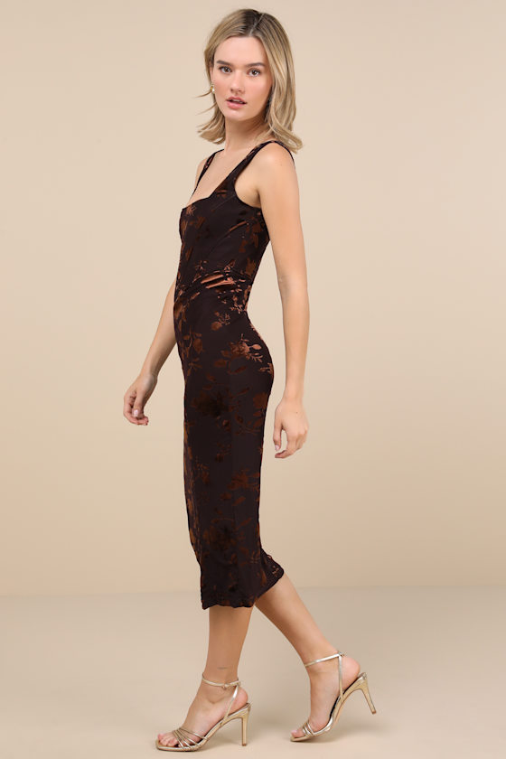 Rare London Hayfa Dark Brown Mesh Velvet Bustier Midi Dress In Brown