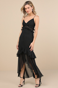 Pavani Black Sheer Chiffon Ruffled High-Low Midi Dress