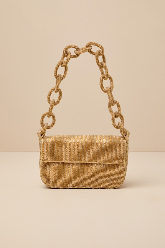 Gold Beaded Shoulder Bag - Chain Link Strap Bag - Shoulder