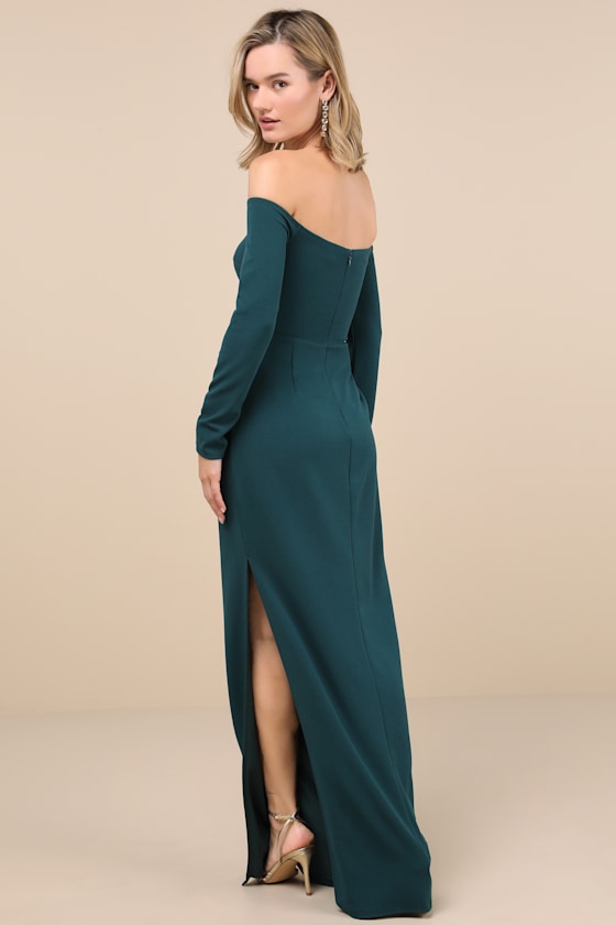 Lulus Stunning Excellence Emerald Off-the-shoulder Maxi Dress In Green