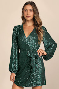 Sparkly Darling Emerald Green Sequin Long Sleeve Wrap Dress 10