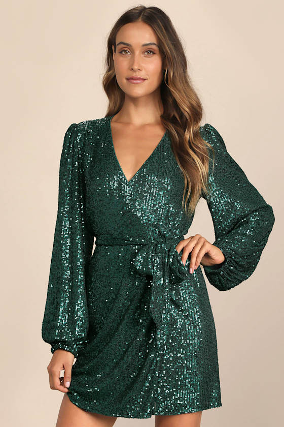 Sparkly Darling Emerald Green Sequin Long Sleeve Wrap Dress 10