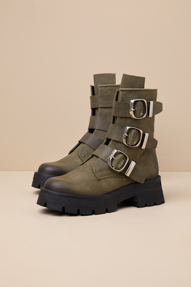 Roland Olive Leather Buckle Moto Ankle Boots