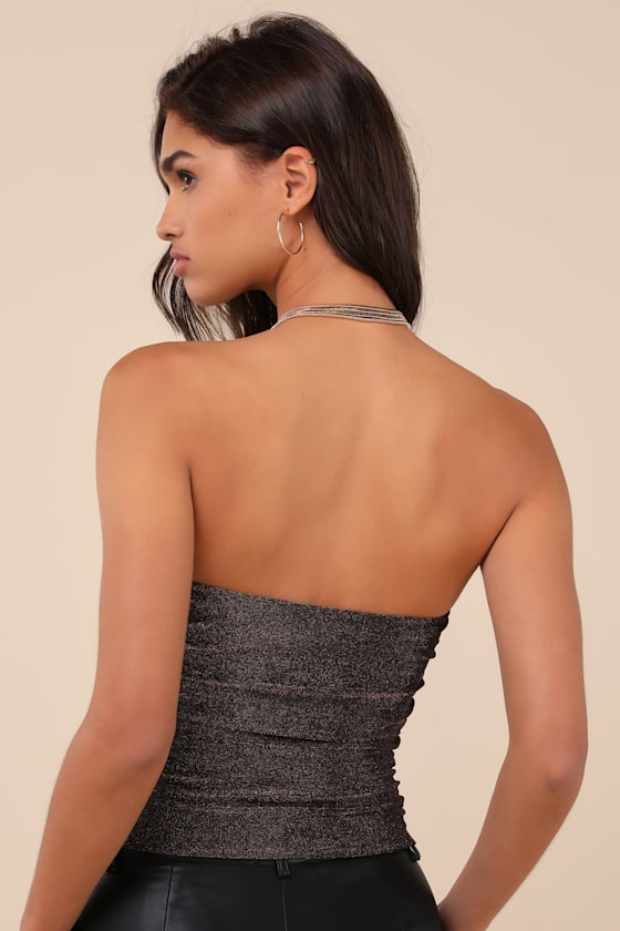 Lulus Shiny Personality Bronze Lurex Ruched Strapless Crop Top In Brown