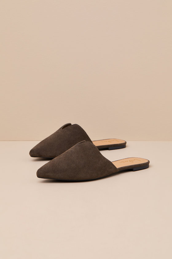 LULUS JAELYN DARK GREY SUEDE POINTED-TOE SLIDES 