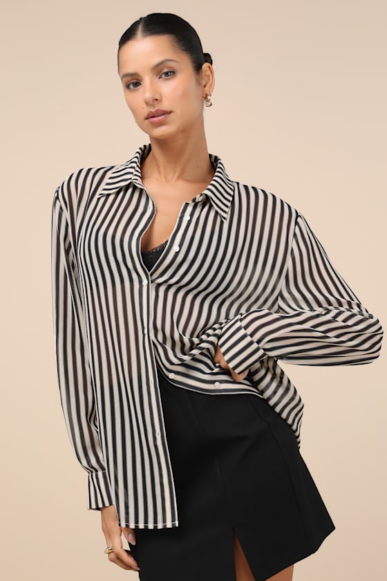 Lulus Styled Perfection Cream And Black Striped Button-up Collared Top