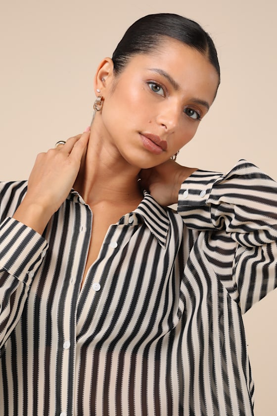 LULUS STYLED PERFECTION CREAM AND BLACK STRIPED BUTTON-UP COLLARED TOP
