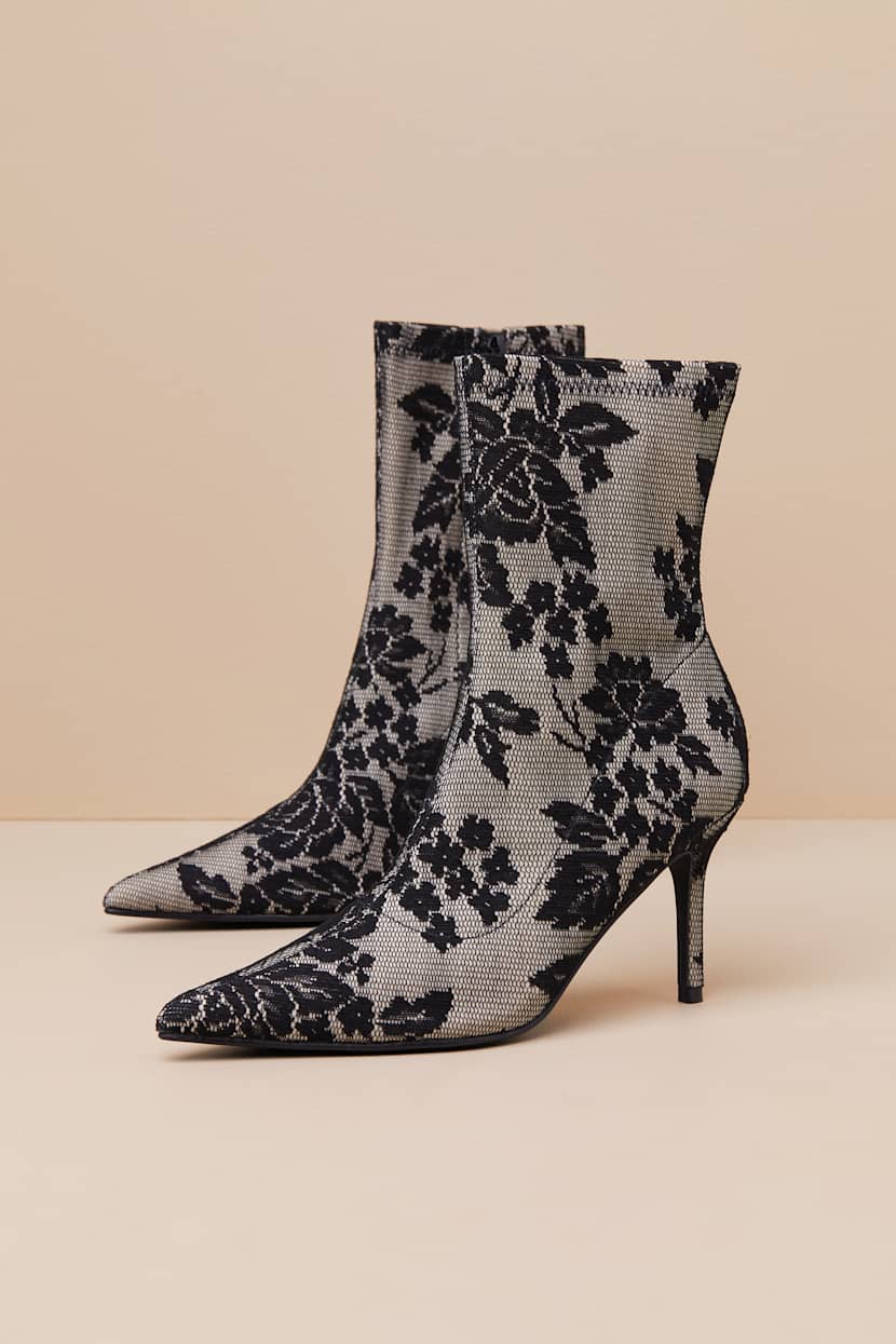 Marquetta Black Lace Pointed-Toe Ankle Booties