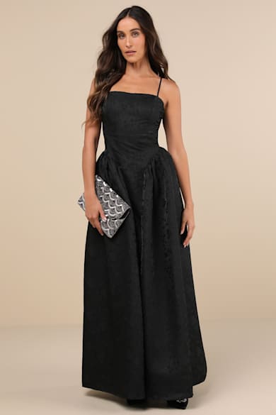 Pursuing Elegance Black Floral Embroidered Lace-Up Maxi Dress