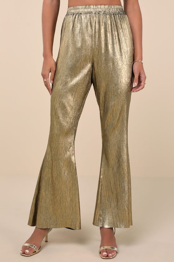 Lulus Party Personality Gold Textured Flare Pants In Gold