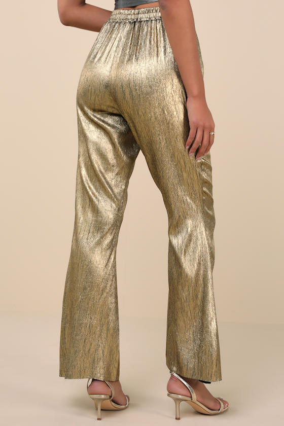 Lulus Party Personality Gold Textured Flare Pants In Gold